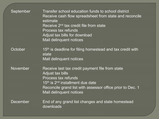 September Transfer school education funds to school district 
Receive cash flow spreadsheet from state and reconcile 
estimate 
Receive 2nd tax credit file from state 
Process tax refunds 
Adjust tax bills for download 
Mail delinquent notices 
October 15th is deadline for filing homestead and tax credit with 
state 
Mail delinquent notices 
November Receive last tax credit payment file from state 
Adjust tax bills 
Process tax refunds 
15th is 2nd installment due date 
Reconcile grand list with assessor office prior to Dec. 1 
Mail delinquent notices 
December End of any grand list changes and state homestead 
downloads 
 