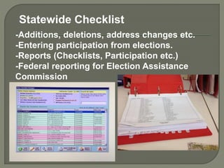Statewide Checklist 
-Additions, deletions, address changes etc. 
-Entering participation from elections. 
-Reports (Checklists, Participation etc.) 
-Federal reporting for Election Assistance 
Commission 
 