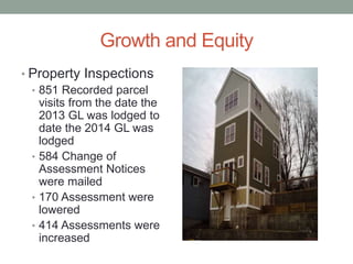Growth and Equity 
• Property Inspections 
• 851 Recorded parcel 
visits from the date the 
2013 GL was lodged to 
date the 2014 GL was 
lodged 
• 584 Change of 
Assessment Notices 
were mailed 
• 170 Assessment were 
lowered 
• 414 Assessments were 
increased 
 