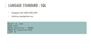 SELECT id, name
FROM towns
WHERE population > 100000
ORDER BY population DESC
LIMIT 10
LANGAGE STANDARD : SQL
 Langage riche (LDD/LMD/LCD)
 Jointures, agrégations, etc.
 