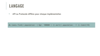 LANGAGE
 API ou Protocole diffère pour chaque implémentation
db.towns.find({ population: { $gt: 100000 } }).sort({ population: -1 }).limit(10)
 
