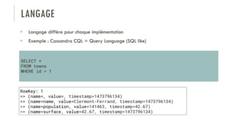 LANGAGE
 Langage diffère pour chaque implémentation
 Exemple : Cassandra CQL = Query Language (SQL like)
RowKey: 1
=> (name=, value=, timestamp=1473796134)
=> (name=name, value=Clermont-Ferrand, timestamp=1473796134)
=> (name=population, value=141463, timestamp=42.67)
=> (name=surface, value=42.67, timestamp=1473796134)
SELECT *
FROM towns
WHERE id = 1
 