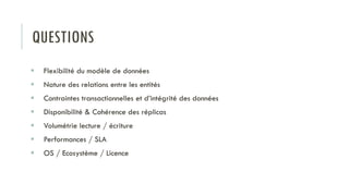 QUESTIONS
 Flexibilité du modèle de données
 Nature des relations entre les entités
 Contraintes transactionnelles et d’intégrité des données
 Disponibilité & Cohérence des réplicas
 Volumétrie lecture / écriture
 Performances / SLA
 OS / Ecosystème / Licence
 