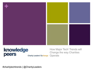+ 
How Major Tech’ Trends will 
Change the way Charities 
Operate 
#charitytechtrends | @CharityLeaders 
 