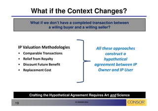 What if the Context Changes?
         What if we don’t have a completed transaction between
                   a wiling buyer and a willing seller?




 IP Valuation Methodologies                         All these approaches
 •   Comparable Transactions                              construct a
 •   Relief from Royalty                                 hypothetical
 •   Discount Future Benefit                       agreement between IP
 •   Replacement Cost                                Owner and IP User




        Crafting the Hypothetical Agreement Requires Art and Science
                                   © CONSOR 2011
19
 