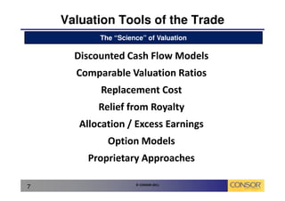 Valuation Tools of the Trade
           The “Science” of Valuation

      Discounted Cash Flow Models
      Comparable Valuation Ratios
           Replacement Cost
           Relief from Royalty
       Allocation / Excess Earnings
             Option Models
        Proprietary Approaches

                     © CONSOR 2011
7
 