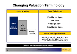 Changing Valuation Terminology
             Level of Value                                   Value Definitions


                                                              Fair Market Value
                                                                 Fair Value
      MVIC                                                     Strategic Value
                    MVE
    = Assets +                                               Liquidation Value
    Liabilities    = Equity
                  Ownership
                               Minority
                              Interests                   Who’s Setting Standards?

                                                    AICPA, ASA, ISO, NACVA, IRS,
                                                    Courts, FASB, LESI, and more


                       Defining the Assignment to Avoid “Bad Art”

                                          © CONSOR 2011
8
 