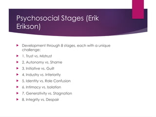 Psychosocial Stages (Erik
Erikson)
 Development through 8 stages, each with a unique
challenge:
 1. Trust vs. Mistrust
 2. Autonomy vs. Shame
 3. Initiative vs. Guilt
 4. Industry vs. Inferiority
 5. Identity vs. Role Confusion
 6. Intimacy vs. Isolation
 7. Generativity vs. Stagnation
 8. Integrity vs. Despair
 