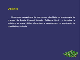 Objetivos Determinar a prevalência de sobrepeso e obesidade em uma amostra de crianças da Escola Estadual Senador Saldanha Derzi  e investigar a influência de maus hábitos alimentares e sedentarismo no surgimento da obesidade na infância.  