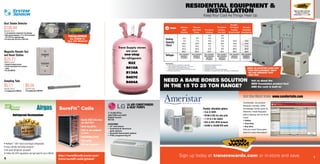 Sign up today at tranerewards.com or in-store and save.
• ReKlaim™
with Trane and Airgas refrigerants
• Easy cylinder exchange program
• All used refrigerant accepted
• Follow the EPA regulations and get paid for your efforts!
6 7
Refrigerant Reclamation
Sign up today and save.
In-store or online at
www.tranerewards.com
7-15,000 BTUs
208/230V and 265V
Digital Control
R410A
ACCESSORIES
• 42 wall sleeve
• Architectural aluminum
grille options
• Assorted thermostat options
• PTAC programming kit
LG AIR CONDITIONERS
 HEAT PUMPS
Comfortsite...for product
literature, tutorials, HVAC
Knowledge Center, parts ID,
Warranty Credit Requests,
parts ordering, and so much
more!
• Online
• Your time
• Any time
Call your local Trane parts
store for more information!
KeepYour Cool AsThings Heat Up
RESIDENTIAL EQUIPMENT 
INSTALLATION
Magnetic Remote Test
and Reset Station
SEN00919 / RTS151
•Automatic fire detector accessory
•Test duct smoke detectors from a convenient
location
• Use with SEN01639
Duct Smoke Detector
SEN01639 / D4120
• 4-wire photoelectric,integrated low-flow technology
•Wide operating temperature (-4°F to 158°F) and humidity
	 (0% to 95% non-condensing) ranges
•Air velocity rating 100 ft/min to 4,000 ft/min
Sampling Tube
TUB12397 / DST5
4-8 ft sampling tube for SEN01639
TUB12395 / DST1.5
1-2 ft sampling tube for SEN01639
REQUIRED
by CODE in
ALL 50 States!
Flexible, affordable options
• 13  14 SEER
• R410A  R22 dry ship units
• 1-1/2 to 5 ton models
• 80%  95% AFUE furnaces
• 40,000 to 140,000 BTU units
Get the Most from www.comfortsite.com
NEED A BARE BONES SOLUTION
IN THE 15 TO 25 TON RANGE?
Odyssey
Split
Cooling
Odyssey
Split Heat
Pump
Precedent
Cooling
Precedent
Cooling,
Gas Heat
Voyager,
Packaged
Cooling
Electric Heat
Voyager,
Packaged
Gas Electric
Cooling
Capacity
(Tons)
6.0
7.5
10.0
12.5
15.0
20.0
5.0
7.5
10.0
12.5
15.0
20.0
3.0
4.0
5.0
6.0
7.5
8.5
10.0
3.0
4.0
5.0
6.0
7.5
8.5
10.0
12.5
15.0
17.5
20.0
25.0
12.5
15.0
17.5
20.0
25.0
Voltages 208-230/60/3
460/60/3
575/60/3
208-230/60/3
460/60/3
575/60/3
208-230/60/1
208-230/60/3
460/60/3
575/60/3
208-230/60/1
208-230/60/3
460/60/3
575/60/3
208-230/60/3
460/60/3
575/60/3
208-230/60/3
460/60/3
575/60/3
Features:
• 5-year limited compressor warranty/
1-year limited parts warranty(3-17½ tons)
• 1-year limited compressor warranty/
1 year limited parts warranty (20 and 25 tons)
• Anti short cycle timer	
• Colored  numbered wiring
• Convertible airflow
• Crankcase heaters
• Available with or without economizer
• Available in standard and high efficiency configurations
Ask us about the
NEW Foundation product line!
AND the curb is built in!
NEED AN ADAPTER CURB FOR
YOUR REPLACEMENT UNIT?
WE CAN ARRANGE THAT
FOR YOU!
• Quality HVAC Coils when
you need them
• Same-day quotes
• Coils for any equipment
or brand
• Competitively priced
• High quality
• 100 years experience
http://surefitcoils.trane.com/
trane-surefit-coils/global/
SureFit
TM
Coils
Duct Smoke Detector
Trane Supply stores
are your
one-stop
for refrigerant.
R22
R410A
R134A
R407C
R404A
$100.44
$25.71
$9.04$5.17
 