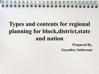 Types and contents for regional
planning for block,district,state
and nation
Prepared By,
Gayathry Satheesan
 