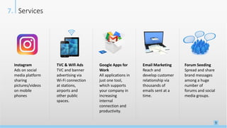 9
Services7.
Instagram
Ads on social
media platform
sharing
pictures/videos
on mobile
phones
TVC & Wifi Ads
TVC and banner
advertising via
Wi-Fi connection
at stations,
airports and
other public
spaces.
Google Apps for
Work
All applications in
just one tool,
which supports
your company in
increasing
internal
connection and
productivity.
Email Marketing
Reach and
develop customer
relationship via
thousands of
emails sent at a
time.
Forum Seeding
Spread and share
brand messages
among a huge
number of
forums and social
media groups.
 