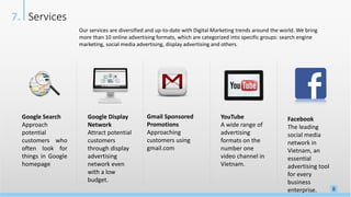 8
Services7.
Our services are diversified and up-to-date with Digital Marketing trends around the world. We bring
more than 10 online advertising formats, which are categorized into specific groups: search engine
marketing, social media advertising, display advertising and others.
Google Search
Approach
potential
customers who
often look for
things in Google
homepage
Google Display
Network
Attract potential
customers
through display
advertising
network even
with a low
budget.
Gmail Sponsored
Promotions
Approaching
customers using
gmail.com
YouTube
A wide range of
advertising
formats on the
number one
video channel in
Vietnam.
Facebook
The leading
social media
network in
Vietnam, an
essential
advertising tool
for every
business
enterprise.
 