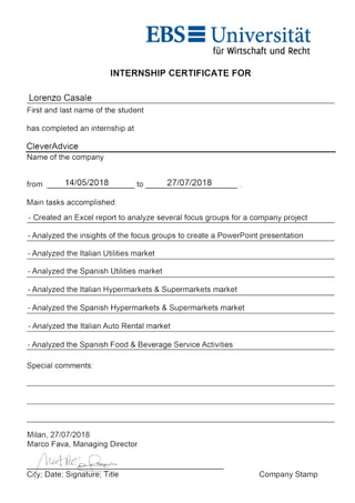 CleverAdvice Internship Certificate