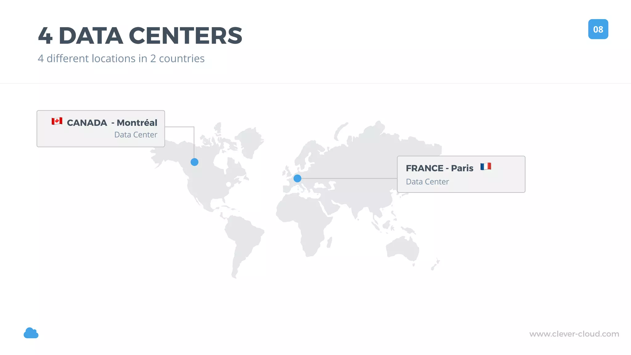 www.clever-cloud.com!
4 DATA CENTERS
4 diﬀerent locations in 2 countries
FRANCE - Paris !
" CANADA - Montréal
Data Center
Data Center
08
 