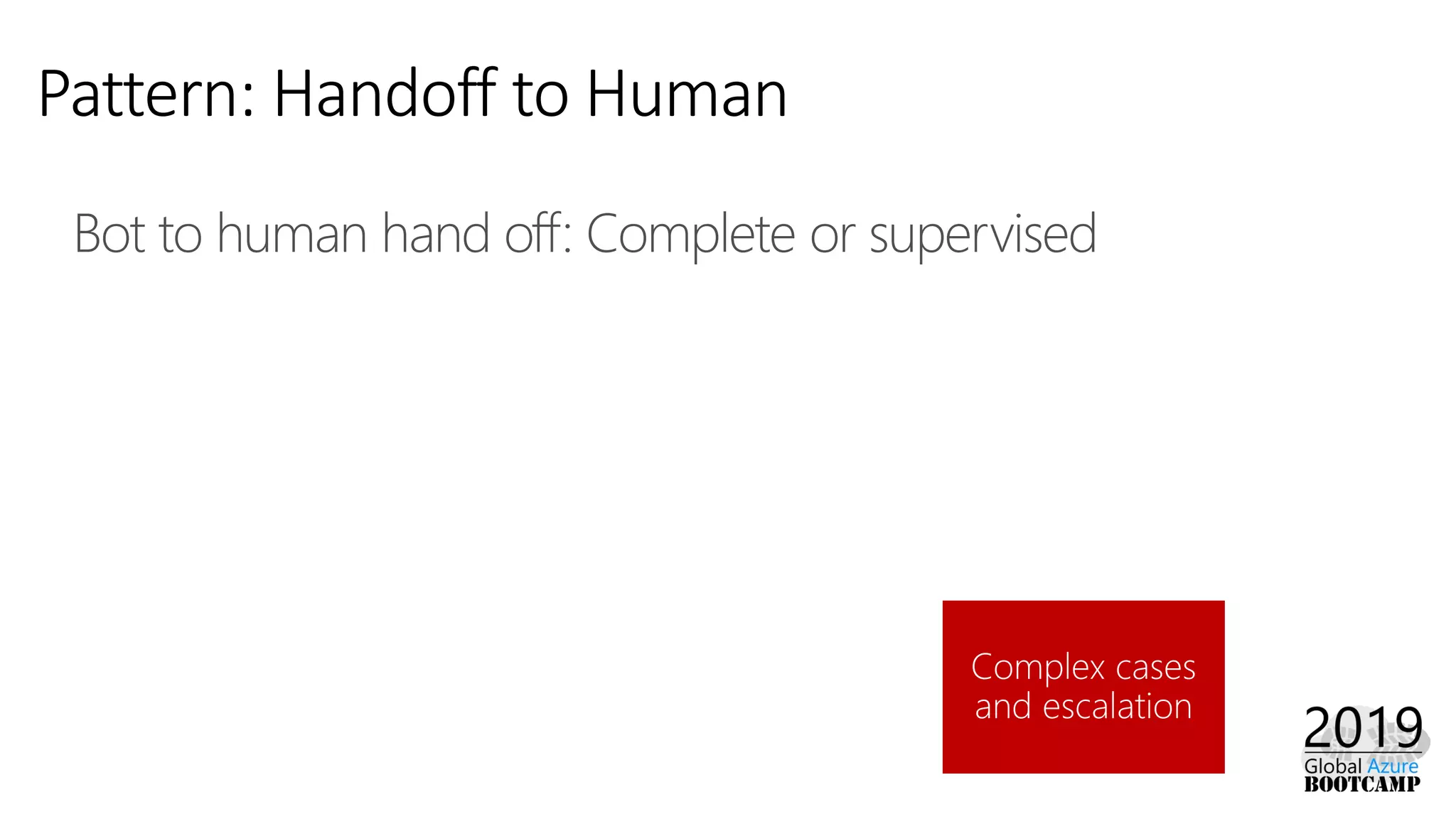 Handoff to Human
Bot to human hand off: Complete or supervised
 