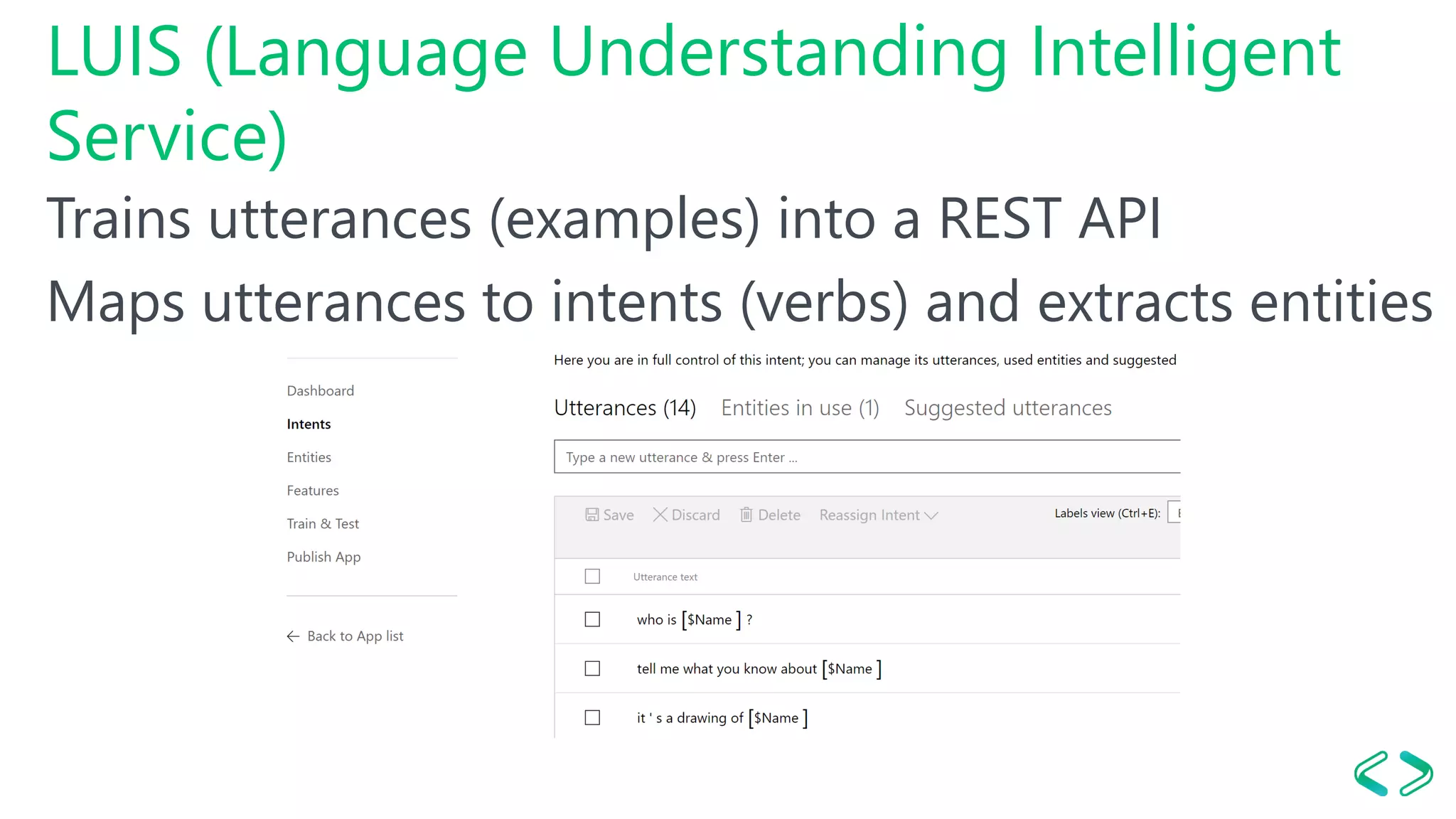 LUIS (Language Understanding Intelligent
Service)
Trains utterances (examples) into a REST API
Maps utterances to intents (verbs) and extracts entities
 