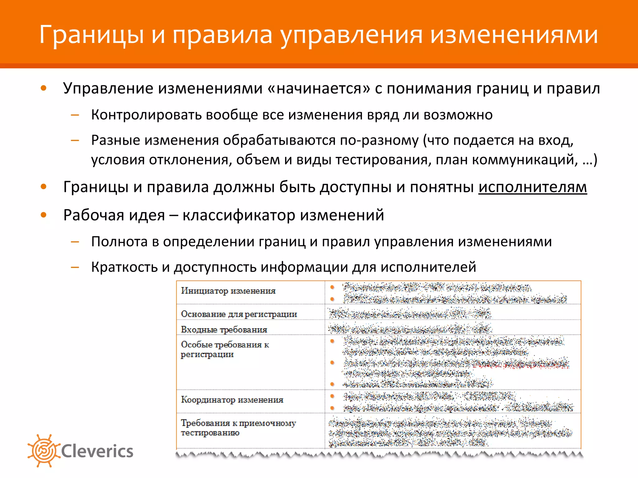 Границы и правила управления изменениями Управление изменениями «начинается» с понимания границ и правил Контролировать вообще все изменения вряд ли возможно Разные изменения обрабатываются по-разному (что подается на вход, условия отклонения, объем и виды тестирования, план коммуникаций, …) Границы и правила должны быть доступны и понятны  исполнителям Рабочая идея – классификатор изменений Полнота в определении границ и правил управления изменениями Краткость и доступность информации для исполнителей 