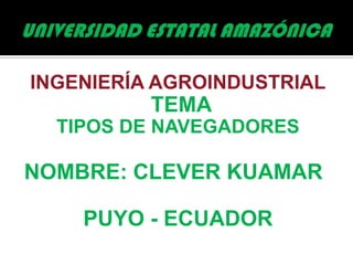 INGENIERÍA AGROINDUSTRIAL
          TEMA
  TIPOS DE NAVEGADORES

NOMBRE: CLEVER KUAMAR

    PUYO - ECUADOR
 