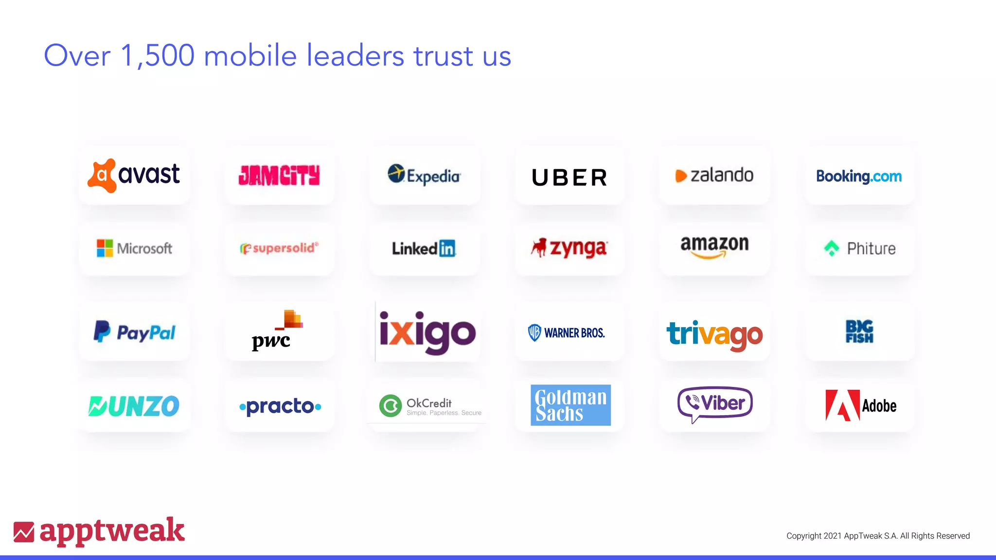 Copyright 2021 AppTweak S.A. All Rights Reserved
Over 1,500 mobile leaders trust us
 