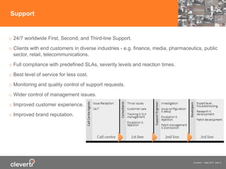 © cleverti 4 May 2015 slide 11
Support
o 24/7 worldwide First, Second, and Third-line Support.
o Clients with end customers in diverse industries - e.g. finance, media, pharmaceutics, public
sector, retail, telecommunications.
o Full compliance with predefined SLAs, severity levels and reaction times.
o Best level of service for less cost.
o Monitoring and quality control of support requests.
o Wider control of management issues.
o Improved customer experience.
o Improved brand reputation.
 