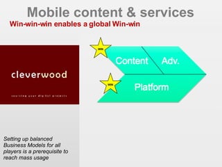 Mobile content & services Win-win-win enables a global Win-win Setting up balanced Business Models for all players is a prerequisite to reach mass usage  EIAA 2006 - CIM MDB 2007 WIN WIN 