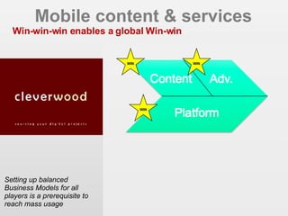 Mobile content & services Win-win-win enables a global Win-win Setting up balanced Business Models for all players is a prerequisite to reach mass usage  EIAA 2006 - CIM MDB 2007 WIN WIN WIN 
