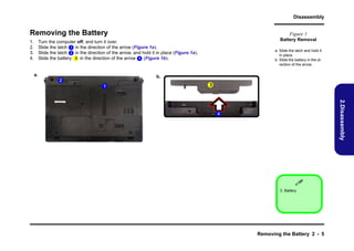 Disassembly

Removing the Battery
1.
2.
3.
4.

Figure 1
Battery Removal

Turn the computer off, and turn it over.
Slide the latch 1 in the direction of the arrow (Figure 1a).
Slide the latch 2 in the direction of the arrow, and hold it in place (Figure 1a).
3
Slide the battery 6 in the direction of the arrow 4 (Figure 1b).

a.

a. Slide the latch and hold it
in place.
b. Slide the battery in the direction of the arrow.

b.

2
1

3

2.Disassembly

4


3. Battery

Removing the Battery 2 - 5

 