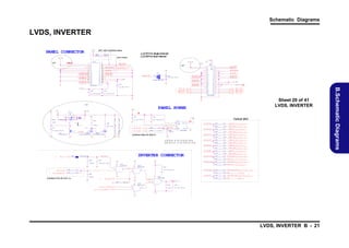 Schematic Diagrams

LVDS, INVERTER
3 .3 VS

R577, R578 W250BAQ Delete
R5 7 7
R5 7 8

J_LC D1 For single channel
J_LC D2 For dual channe l

2. 2 K _ 0 4
2. 2 K _ 0 4

EDID Mode

V IN_ L CD
J _ LC D 1

8 0mi ls

R
R
R
R
R
R

1
3
5
7
9
11
13
L V D S -L C LK N 15
L V D S -L C LK P 17
19
L V D S -L 1 N 21
L V D S -L 1 P
23
25
L V D S -L 0 N 27
29
L V D S -L 0 P

1
3
5
7
9
11
13
15
17
19
21
23
25
27
29

V IN_ L CD
2
4
6
8
10
12
14
16
18
20
22
24
26
28
30

2
4
6
8
10
12
14
16
18
20
22
24
26
28
30

LV D S _ D A T A
LV D S _ C L K
B RIG HT NE S S

J_ L C D 2

12/ 7

B R I GH TN E S S 2 7

I N V _ B L ON

3 .3 V

R L V D S -L2 N
R L V D S -L2 P

D2 3
C
B RIG HT N E S S

AC

3. 3 V S

R L V D S -LC L K N
R L V D S -LC L K P

C 5 66
* 0 . 1u _ 1 6V _ Y 5V _ 0 4

A

R L V D S -L1 N
R L V D S -L1 P

*B A V 99 R E C T I F I E R

R L V D S -L0 N
R L V D S -L0 P

C5 6 1

87 2 1 6-3 0 0 6
P LV D D
C 5 63

4. 7 u _ 6. 3 V _ X 5 R _ 06

7
7
7
7

0. 1 u _ 16 V _ Y 5 V _ 0 4

T X CL K _ UN
TX C LK _ U P
T X OU T_ U 1N
TX O U T _U 1 P

1
3
5
7
9
11
13
15
17
19
21
23
25
27
29
31
33
35
37
39

LV D S _ D A T A
LV D S _ C L K

2
4
6
8
10
12
14
16
18
20
22
24
26
28
30
32
34
36
38
40

B RIG HT NE S S
I N V _ B L ON
R L V D S -L 2 N
R L V D S -L 2 P

3 .3 VS
PL VD D

2A

T XO U T _ U 2 N 7
T XO U T _ U 2 P 7
T XO U T _ U 0 N 7
T XO U T _ U 0 P 7

* 87 2 1 6-4 0 0 6

Sheet 20 of 41
LVDS, INVERTER

12 /7

PANEL POWER

3. 3 V S

.

3
2
1

Q 46
R5 8 6

V IN_ L CD

L1
*0 _ 0 6

P 20 0 3 E V G

2A
8
7
6
5

3. 3 V

3A

C 56 5

C 56 4
P L V DD

R2 3 8
4

1 M_ 0 4

C5 6 0

V IN

C 5 59

VIN

0 . 1u _ 1 6V _ Y 5V _ 0 4

Default UMA

*0 . 0 1u _ 1 6V _ X 7 R _ 0 4
U2 4
4
5

1
VIN
VIN

V OU T

EN

1

S
Q4 5 B
*MT D N 7 0 02 Z H S 6R

S

0 . 1 u _5 0 V _ Y 5 V _0 6

3
5G
4

2G

Q 45 A
*M TD N 7 0 02 Z H S 6 R

S

Q 49
M T N 7 0 02 Z H S 3

E N A V DD

6

D

G

D

G ND

R 6 03

7 V GA _D I GO N

R 69 9

*0 _ 0 4

R3 8 7
1 00 K _ 0 4

*1 0 mi l _ sh o rt _ 04

INVERTER CONNECTOR

C5 6 7

3 .3 V
U 2 5A
7 4 L VC0 8 PW
3

R LV D S -L 1 P

R 7 00

Z 12 0 1

L V D S -L 1 N

* 0 _0 4

T X OU T _ L 1N

R 6 08

0_04

L V D S -L 1 P

* 0 _0 4

T X OU T _ L 1P

R 6 10

0_04

L V D S -L 2 N

* 0 _0 4

T X OU T _ L 2N

R 6 12

0_04

L V D S -L 2 P

* 0 _0 4

T X OU T _ L 2P

R 6 14

0_04

LV D S -L C L K N

* 0 _0 4

TX C L K _ L N

R 6 16

0_04

LV D S -L C L K P

* 0_ 0 4

U2 5 B
74 L V C 0 8 P W

* 0 _0 4

TX C L K _ L P

R 6 18

0_04

LV D S _ D D C _ D A T A

* 0 _0 4

S DA

R 6 20

0_04

LV D S _ D D C _ C L K

6

R 39 0

L V D S _D A T A

*0 . 1 u _1 6 V _ Y 5 V _ 04

L V D S _C L K
14

1 0 0K _0 4
16

S B _ B LO N

Z 1 20 2

U2 5 C
7 4 LV C 0 8P W

9

3 .3 V

* 0 _0 4

S CL

7

L V D S -L 0 P 3
T XO U T _ L 0P 7
L V D S -L 1 N 3
T XO U T _ L 1N

7

L V D S -L 1 P 3
T XO U T _ L 1P 7
L V D S -L 2 N 3
T XO U T _ L 2N

7

L V D S -L 2 P 3
T XO U T _ L 2P 7
L V D S -L C LK N
T XC L K _L N

3

7

L V D S -L C LK P

3

T XC L K _L P 7

8

L V D S _ D D C _ D A TA
SDA

3

8

L V D S _ D D C _ C LK 3
SCL

8

I N V _B LO N

12
16 , 2 7 , 29 L I D _S W #

U2 5 D
74 L V C 0 8 P W
11

13

7

Z 1 20 3 10

* 10 0 K _ 0 4
14

R3 9 1

T XO U T _ L 0N

C5 6 8

5

R 3 92

C5 6 9

* 1 M_ 0 4

0 . 1u _ 1 6V _ Y 5V _ 0 4

1 9 , 27 A L L _ S Y S _ P W R GD
7

W250BAQ R700 Off , R701 On

L V D S -L 0 N 3

4

2

0_04

R 7 01

R LV D S -L C L K N

R LV D S -L C L K P

7

B L ON
GP I O 7_ B L O N

3. 3 V

7

3

14

1

8

0_04

*0 . 4 7u _ 10 V _ Y 5V _ 0 4
14

* 10 0 K _ 04

3 . 3V

R 6 06

R 6 13

R LV D S -L 1 N

W250BAQ R698 Off, R699 On

B K L _ E N_ R

R 38 9

T X OU T _ L 0P

A P L 3 5 12 A

R LV D S -L 2 P

R3 8 8

* 0 _0 4

R 6 09

R LV D S -L 0 P

R LV D S -L 2 N

B K L_ E N

L V D S -L 0 P

2

G5243A 6-02-05243-9C0
APL3512A 6-02-03512-9C0

27

T X OU T _ L 0N

R 6 05

3

0_04

R 6 21

E N A V DD

0 _ 04

* 0 _0 4

R 6 19

R 69 8

R 6 04

R 6 17

3 NB _ E N A V DD

L V D S -L 0 N

R 6 15

*0 . 1 u _5 0 V _ Y 5 V _ 0 6

D

0_04

R 6 11

*2 00 _ 1 %_ 0 4
1
108

R LV D S -L 0 N

R 6 02

R 6 07

*1 0 K _0 4
C1 8

0 . 01 u _ 50 V _ X 7 R _ 0 4

R 2 28

2A

LVDS, INVERTER B - 21

B.Schematic Diagrams

0 . 1u _ 1 6V _ Y 5V _0 4
C5 6 2

G1
G 2

12/7

Gn d 1
G nd 2

PANEL CONNECTOR

 