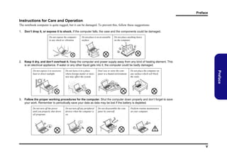 Preface

Instructions for Care and Operation
The notebook computer is quite rugged, but it can be damaged. To prevent this, follow these suggestions:
1.

Don’t drop it, or expose it to shock. If the computer falls, the case and the components could be damaged.
Do not expose the computer
to any shock or vibration.

2.

Do not place anything heavy
on the computer.

Keep it dry, and don’t overheat it. Keep the computer and power supply away from any kind of heating element. This
is an electrical appliance. If water or any other liquid gets into it, the computer could be badly damaged.
Do not leave it in a place
where foreign matter or moisture may affect the system.

Don’t use or store the computer in a humid environment.

Do not place the computer on
any surface which will block
the vents.

Preface

Do not expose it to excessive
heat or direct sunlight.

3.

Do not place it on an unstable
surface.

Follow the proper working procedures for the computer. Shut the computer down properly and don’t forget to save
your work. Remember to periodically save your data as data may be lost if the battery is depleted.
Do not turn off the power
until you properly shut down
all programs.

Do not turn off any peripheral
devices when the computer is
on.

Do not disassemble the computer by yourself.

Perform routine maintenance
on your computer.

V

 