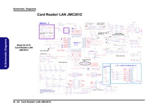 Schematic Diagrams

Card Reader/ LAN JMC261C
3 . 3 V _L A N

JMC261 C

S D_ CL K
S D _ CL K

R 44 0

* 1 0p _ 50 V _ N P O_ 0 4

3 . 3V S

S wit ch in g Reg ul at or
c los e to P IN3 3

0_04

ne
ar P
in#4
1

C 6 43

3 . 3 V _ LA N

*4 . 7 K _0 4

DV D D

S D_ CD #

R4 4 4

1 K_ 0 4

SD _ W P

* 0 . 1u _ 1 6V _ Y 5V _ 0 4

M DIO 1 1
LA N _ LE D 0
L A N_ L E D1
I S ON

C 6 46
C 64 7
2 . 2 u _6 . 3 V _ X5 R _0 6

U3 0
C R _ C D 1N R 5 8 3

* 0_ 0 4

MS _ I N S #

0 _ 04
M DIO 1 0
M DIO 9
M DIO 8
L A N _M D I P 0
L A N _M D I N 0

DVD D

3 . 3 V _L A N

L A N _M D I P 2
L A N _M D I N 2
A V D D 12 _ 62
L A N _M D I P 3
L A N _M D I N 3

DV D D

C8 0 4
10 u _ 10 V _ Y 5 V _ 0 8
Pin
#59

PC Ie D iff er en ti al
Pa ir s = 1 00 O hm

need to close to chip

M D I O 10
M DIO 9
M DIO 8
VD D
V I P _1
VIN _ 1
AV DD1 2
V I P _2
VIN _ 2
G ND
AV DD3 3
V I P _3
VIN _ 3
AV DD1 2
V I P _4
VIN _ 4

JMC261 C
( LQFP 64)

R EXT
A V D D 33
X IN
X OU T
C LK N
CL K P
A VD D1 2
RXP
RX N
G ND
T XN
T XP
A VD D1 2
M D I O1 3
M DIO 7
C R_ CD 1 N

Sheet 23 of 41
Card Reader/ LAN
JMC261C

L A N _M D I P 1
L A N _M D I N 1

49
50
51
52
53
54
55
56
57
58
59
60
61
62
63
64

JM C 2 6 1 C

V DD 3

1 0 u _1 0 V _ Y 5 V _ 08
Pi
n#33

32
31
30
29
28
27
26
25
24
23
22
21
20
19
18
17

L A NXIN

X8

*0 _ 0 4

J M C _ 2 5M _I N 1 5

3 .3 VS
V C C_ CA R D
M PD
R 82 8
0_04
L A N _S C L
L A N _S D A
B U F _ P LT _ R S T #
S EE DA T

D VDD

27 p _ 50 V _ N P O _ 04

DV D D

DVD D

C8 0 7

GN D

G ND

R 5 81

*0 _ 0 6

1
OU T

I N
S HD N#

1 . 6 9K _ 1 % _0 4

0_06
3. 3 V S V D D 3

SET

GN D

3

V D D_ IN
MP D

2

R 58 9

R5 8 5

C6 4 9

* 0_ 0 4

B U F _P LT _ R S T #

3. 3 V S

(>2 0m il )

(> 20m il )

C6 5 0

R 8 26

C6 5 1

C 65 2

C 8 17

1 0 u_ 1 0 V _Y 5 V _0 8
P
in#3
1

0. 1 u _ 16 V _ Y 5 V _ 0 4
Pi
n#31

R8 2 5
1 0u _ 1 0V _Y 5V _0 8 0 . 1u _ 1 6V _ Y 5V _ 0 4
Pin#
32
Pi
n#32

V DD 3 3 .3 V

R 72 9

*0 _ 0 4

*0 _ 06

R 44 1

*0 _ 06

R 44 3

0_ 0 4

R 43 8

*1 0 K _0 4

3 . 3V _ L A N
JM _D 3 MO D E

JM _ D 3 MO D E 1 6

need to close to chip

Q7 9
M TN 7 00 2 Z H S 3

G

D VDD

IS O N

0. 1 u _ 10 V _ X 7R _ 04
0. 1 u _ 10 V _ X 7R _ 04

P CIE _ W A K E#

16 , 2 4 , 26 P C I E _ W A K E #

C 8 10

P C I E _ R X P 0 _ JM C 1 5
P C I E _ R X N 0_ J MC 15
P C I E _T X N 0 _ JM C 1 5
P C I E _T X P 0 _J MC 1 5
C L K _P C I E _ J MC 15
C LK _ P C I E _ JM C # 1 5

A

3. 3 V _ L A N
C

R5 8 2

4 IN 1 SOCKET SD/MMC/MS/MS Pro

Card Reader
Power

J _C A R D -R E V 1
S D_ CD #
S D_ D2
S D_ D3
SD_ BS

1 0 K _ 04
V C C_ CA R D

V CC _ CA RD

R B 7 5 1V
C 8 39

S D_ CL K
R6 4 3

M LM X 0+ _ R

0_04

4

DV DD

1

R6 4 5

3
M L MX 0 *W C M2 0 12 F 2 S -1 6 1T 0 3
2
M L MX 0 +

3 .3 V_ L AN

ML MX 1 -_ R
ML MX 1 + _R

0_04

4
1

L 13 1
R6 4 4
0 _0 4

C 80 3

10 u _1 0 V _ Y 5 V _ 0 8

3
ML M X1 *W C M2 0 12 F 2 S -1 6 1T 0 3
2
ML M X1 +

L 13 2
R6 4 6

V C C_ CA R D

0 . 1 u _1 6 V _ Y 5 V _ 04
Pin#
13

C 81 5

4
5

10/21 N _M D I P 1
LA
C 8 18

0 . 1 u _1 6 V _ Y 5 V _ 04
Pin
#59

0 . 1 u_ 1 6 V _Y 5 V _0 4
Pin
#2

0 . 1 u _1 6 V _ Y 5 V _ 04
Pin#
21

L A N _M D I N 1
R D_ CT
T D_ C T
R4 5 0
*0 _ 04
C 48 9

C 61 9
*0 . 0 1 u_ 1 6 V _ X 7R _ 04

C 80 5

1
2
3
6

T D+
T D-

TX+
T X-

N C
N C

NC
NC

R D+
R D-

RX +
R X-

R D_ CT
T D_ C T
P 30 1 2

C 6 20

R X _C T
T X _C T

10
9

ML M X0 + _ R
ML M X0 -_ R

16
15
14
11

1
2
3
6

D C _N P

4
5
7
8

ML M X1 + _ R
ML M X1 -_ R
RX _ CT
T X_ CT

D D _N P
R3 3 4

1 0 0 0p _ 2 K V _X 7 R _ 1 2 _H 1 25

R7 3 6
*7 5_ 1 % _0 4

J _R J1
ML MX 0 +
ML MX 0 ML MX 1 +
ML MX 1 -

12
13

R3 4 8

R 2 69

R 3 43
75 _ 1% _ 0 4

7
8

75 _ 1 %_ 0 4

L A N _M D I P 0
L A N _M D I N 0
3 . 3 V _ LA N

C 81 4

0 . 1 u_ 1 6 V _ Y 5 V _ 04
* 0. 1 u _ 16 V _ Y 5 V _ 0 4

L36

75 _ 1 %_ 0 4

0. 1 u _ 16 V _ Y 5 V _ 0 4
P
in#7

C 82 1

C 8 13

75 _ 1 %_ 0 4

C 8 08

C 80 6

0 . 1 u_ 1 6 V _ Y 5 V _ 04
* 0. 1 u _ 16 V _ Y 5 V _ 0 4

0_04

C 81 2

B - 24 Card Reader/ LAN JMC261C

0 . 1 u_ 1 6 V _ Y 5 V _ 04

R6 7 7

3 . 3 V _ LA N

D V DD

C 8 54

Pla ce all cap acito rs clo sed t o ch ip.
The su bscript in eac h CAP incica tes t he p in
nu mber of JMC251/JMC261 t hat shou ld b e
clo sed t o.

*4 . 7 K _0 4

1 u_ 6 . 3 V _ Y 5 V _ 04

2 . 7 K _1 % _ 04

S D _ CD#

for D3E C991022

C 81 1
C 81 9

M LM X 0-_ R

* 0. 1 u _ 10 V _ X 7R _ 04
Pin
#43

10 K _ 0 4

C6 4 8

*A P L 5 6 03 -1 2 B I -T R G

Rb

R 44 5

G914
1
APL5
603-12B(no R20
1,R198)

LA N _ P C I E _ W A K E #

0 . 1 u _1 6 V _ Y 5 V _ 0 4
Pin#
43

*A T 2 4C 0 2B N

V D D3

U4 3
5

L A N _ P C I E _W A K E # 2 7

B U F _P L T _ R S T # 15 , 1 9 , 2 4, 2 6 , 2 7

SD _ W P

1
2
3

R4 4 2

Ra

VD DR EG

0 . 1u _ 1 6V _Y 5V _0 4 0 . 1u _ 1 6V _ Y 5V _ 0 4 0. 1 u _ 16 V _ Y 5 V _ 0 4 0. 1 u _ 16 V _ Y 5 V _ 0 4 * 10 u _ 6. 3V _ X 5 R _ 06
Pin#
52
Pin#
55
Pin
#62
Pi
n#35
Pin#
7
Rese
rved

C 8 20

A0
A1
A2

S

DVD D

D VDD

WP

S CL
S DA

4

LA N _ S D A
3 . 3V

need to cl o to chip
se

need to cl ose to chip

C8 1 6

7
V CC

6
5

R4 4 7

( >2 0m il)

D4 5
C8 0 9

U 31
8

V D D3
3 . 3 V _ LA N

C8 0 1

27 p _ 50 V _ N P O_ 04

*4 . 7 K _ 04

LA N _ S C L

Vout=0.8(1+Ra/Rb).
AP L
5603-12B Chan AX6610.
ge

4

SE E DAT

F S X5 L _ 25 MH Z
C 8 02

R4 4 6

1
VF B

1.2 V

D VDD

( >2 0m il)

3 . 3V

6- 22- 25 R0 0-1 B4
6- 22- 25 R0 0-1 B5

1

R4 3 7
* 4 . 7K _ 0 4
V D D_ IN

*0 _ 06

12 K _ 1 %_ 0 4

D VDD

2

R6 0 1

5
9
7

8

2

D

* 1M _ 04

VO UT

A X 6 6 10

R4 3 4

V D DR E G

M D I O 13
M D I O7
CR _ CD1 N

LA N X I N
L A N X OU T

L A N X OU T
R4 3 5

R4 3 2

VIN
VIN
P OK

VO UT

8 2 p _5 0 V _ N P O _0 4

0 _0 6

VD DREG
VC C3 V
P W RCR
TEST
MP D
W AKEN
L AN_ L E D2
C R _ LE D
R S TN
CP P E N
GN D
V DDIO
MD I O6
M D I O1 2
M D I O1 4
C R _ C D 0N

VC NT L

EN

for AX6610 , Ra( 1. 69K_1% ) ,
Rb( 2.7K_1% )

1 0K _ 0 4

10/28 Modify value

3

0. 1 u _ 16 V _ Y 5 V _ 0 4
Pin
#33

3 . 3V

R5 8 4

1
2
3
4
5
6
7
8
9
10
11
12
13
14
15
16

DVD D

0 . 0 1u _ 1 6V _ X 7 R _0 4

B.Schematic Diagrams

MD I O1 3 R 5 8 8

4

C6 4 5

C8 5 3

48
47
46
45
44
43
42
41
40
39
38
37
36
35
34
33

Card Re
ader Pull High
/Low
Resisto
rs

6

1 u_ 1 0 V _Y 5 V _0 6

(> 20m il )
C 6 44

Fo r J MC 25 1/2 61 o nl y
R E GL X

VCC _ CA R D

S D _B S
S D_ D3
S D _D 2
S D_ D1
S D_ D 0

S D X C _ P OW E R

S D X C _ P OW E R

M S_ INS#

MD I O1 1
L A N_ L E D0
LA N _ LE D 1
IS O N
GN D
V D DIO
V DDO
M DIO 5
M D I O4
M DIO 3
M D I O2
M DIO 1
M D I O0
FB1 2
G ND
LX

1 K_ 0 4

U 49
C8 5 2

DVDD

*S W F 2 52 0 C F -4 R 7 M -M
R 4 33

DV DD

L62

.

R4 3 6

L6 2 NC da vid 8 /25

DV D D

(> 20m il )
REG L X

3 . 3V _L A N

5V

LDO t ype ? J MC26 1C ,

DA+
DADB+
DB-

s h e ld
i
s h e ld
i

GN D 1
GN D 2

DC+
DCDD+
DDP J S -0 8S L 3 B

W240BU 6-21-B4000-0
08
W250BUQ 6-21-B4040008

Da v d 8 /2 7
i

S D_ D0
S D_ D1
SD_ W P

S D_ CL K
S D_ D3
MS _ I N S #
S D_ D2
S D_ D0
S D_ D1
SD_ BS

P1
P2
P3
P4
P5
P6
P7
P8
P9
P1 0
P1 1
P1 2
P1 3
P1 4
P1 5
P1 6
P1 7
P1 8
P1 9
P2 0
P2 1

CD_ S D
D A T 2 _S D
C D / D A T 3_ S D
C MD _ S D
VSS_ SD
V D D _S D
CL K _ S D
VSS_ SD
D A T 0 _S D
D A T 1 _S D
W P_ SD
V S S _ MS
V C C _M S
S C L K _ MS
D A T 3 _M S
I N S _ MS
D A T 2 _M S
S D I O / D A T 0 _M S
D A T 1 _M S
B S _M S
V S S _ MS
MD R 0 1 9-C 0 -10 4 2

Fo r JM C2 51 C
3 . 3 V _ LA N
C 8 00
*0 . 1u _ 1 6V _Y 5V _0 4
Pi
n#2

C 79 9
*1 0 u_ 1 0 V _ Y 5 V _ 08
Pin#
2

G ND
G ND

P 22
P 23

 