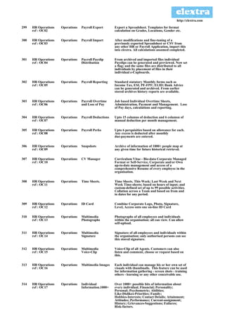 http://clextra.com

299   HR Operations   Operations   Payroll Export       Export a Spreadsheet. Templates for format
      ref : OC02                                        calculation on Grades, Locations, Gender etc.

300   HR Operations   Operations   Payroll Import       After modifications and fine-tuning of a
      ref : OC03                                        previously exported Spreadsheet or CSV from
                                                        any other HR or Payroll Application, import this
                                                        into clextra. All calculations assumed completed.

301   HR Operations   Operations   Payroll Payslip      From archived and imported files individual
      ref : OC04                   Distribution         Payslips can be generated and previewed. Now set
                                                        a flag; and the same files are distributed to all
                                                        individuals by placement of files in their
                                                        individual e-Cupboards.

302   HR Operations   Operations   Payroll Reporting    Standard statutory Monthly forms such as
      ref : OC05                                        Income Tax, ESI, PF-FPF; ELID; Bank Advice
                                                        can be generated and archived. From earlier
                                                        stored archives history reports are available.

303   HR Operations   Operations   Payroll Overtime     Job based Individual Overtime Sheets,
      ref : OC06                   and Loss of Pay      Administration, Payment and Management. Loss
                                                        of Pay days, calculations and reporting.

304   HR Operations   Operations   Payroll Deductions   Upto 15 columns of deduction and 6 columsn of
      ref : OC07                                        manual deduction per month management.

305   HR Operations   Operations   Payroll Perks        Upto 6 perquisities based on allowance for each.
      ref : OC08                                        Any excess is deducted after monthly
                                                        due-payments are entered.

306   HR Operations   Operations   Snapshots            Archive of information of 1000+ people map at
      ref : OC09                                        any given time for future historical retrieval.

307   HR Operations   Operations   CV Manager           Curriculum Vitae - Bio-data Corporate Managed
      ref : OC10                                        Format or Self-Service, Corporate and/or Own
                                                        up-to-date management and access of a
                                                        comprehensive Resume of every employee in the
                                                        organisation.

308   HR Operations   Operations   Time Sheets.         Time Sheets. This Week; Last Week and Next
      ref : OC11                                        Week Time-sheets; based on hours of input; and
                                                        custom-defined set of up to 99 possible activities.
                                                        Collation across a Team and based on from and
                                                        to dates for any period.

309   HR Operations   Operations   ID Card              Combine Corporate Logo, Photo, Signature,
      ref : OC12                                        Level, Access onto one on-line ID Card

310   HR Operations   Operations   Multimedia           Photographs of all employees and individuals
      ref : OC13                   Photographs          within the organisation; all can view. Can allow
                                                        self-upload.

311   HR Operations   Operations   Multimedia           Signature of all employees and individuals within
      ref : OC14                   Signature            the organisation; only authorised persons can see
                                                        this stored signature.

312   HR Operations   Operations   Multimedia           Voice-Clip of all Agents. Customers can also
      ref : OC15                   Voice-Clip           listen and comment, choose or request based on
                                                        this.

313   HR Operations   Operations   Multimedia Images    Each individual can manage his or her own set of
      ref : OC16                                        visuals with thumbnails. This feature can be used
                                                        for information gathering - screen shots - training
                                                        others - learning or any other conceivable use.

314   HR Operations   Operations   Individual           Over 1000+ possible bits of information about
      ref : OC17                   Information.1000+    every individual. Financial; Personality;
                                                        Personal; Psychometric; Abilities;
                                                        Like-Dislikes-Priorities; Family;
                                                        Hobbies-Interests; Contact Details; Attainment;
                                                        Attitudes; Performance; Current-assignment;
                                                        History; Grievances-Suggestions; Failures;
                                                        Risk-factors.
 