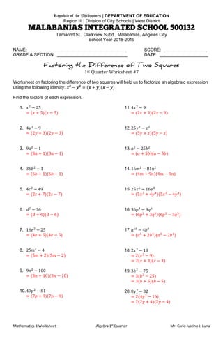 Factoring the Difference of Two Squares Worksheet | PDF Factoring the Difference of Two Squares Worksheet | PDF