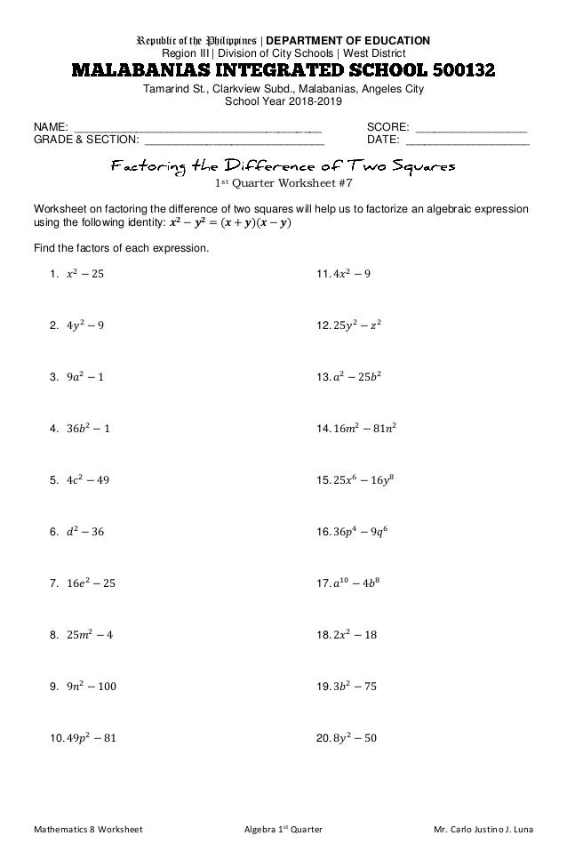 Factoring the Difference of Two Squares Worksheet