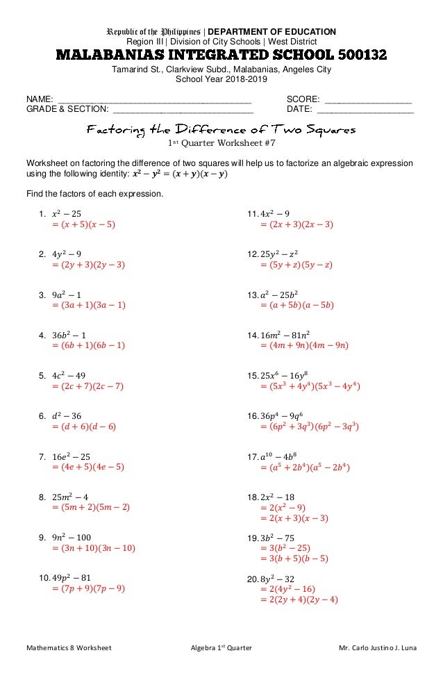 Factoring Difference Of Squares Worksheet