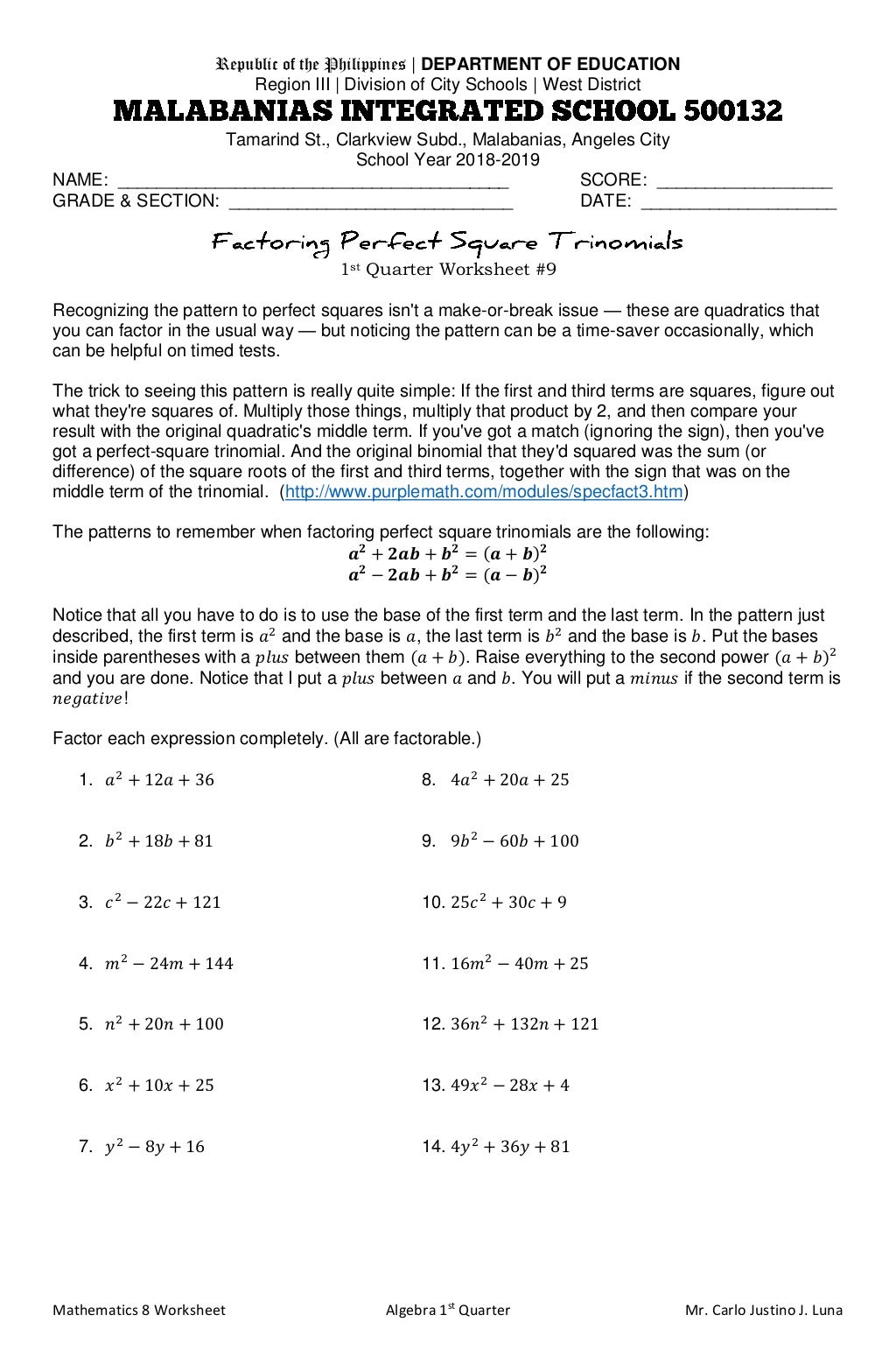 Factoring Perfect Square Trinomials Worksheet