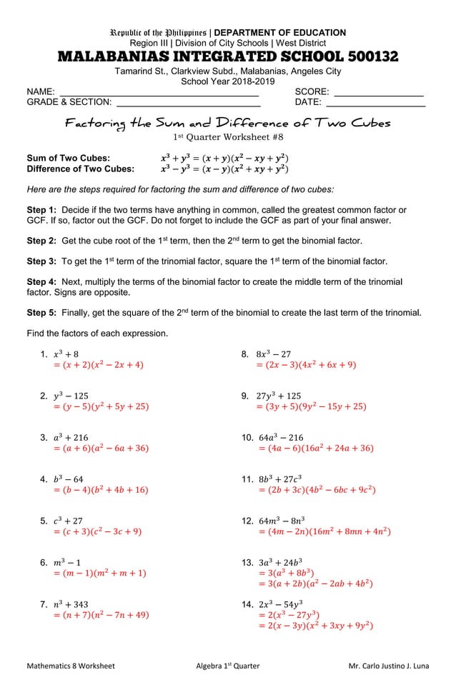 Factoring the Sum and Difference of Two Cubes Worksheet | PDF
