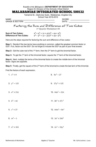 factoring the sum and difference of two cubes worksheet