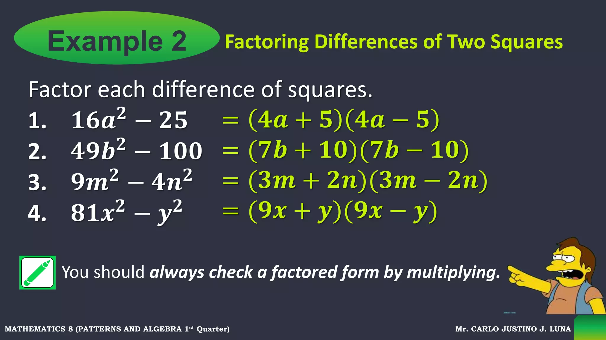 Factoring Techniques: Difference of Two Squares | PPSX