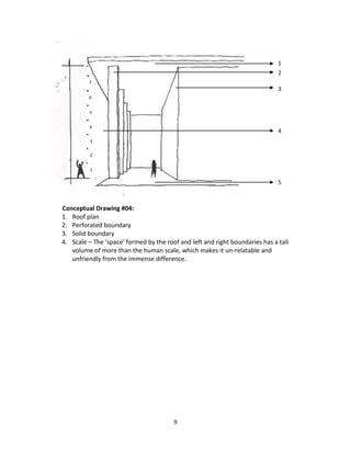 9
Conceptual Drawing #04:
1. Roof plan
2. Perforated boundary
3. Solid boundary
4. Scale – The ‘space’ formed by the roof and left and right boundaries has a tall
volume of more than the human scale, which makes it un-relatable and
unfriendly from the immense difference.
1
2
3
4
5
6
7
1
2
3
4
5
 