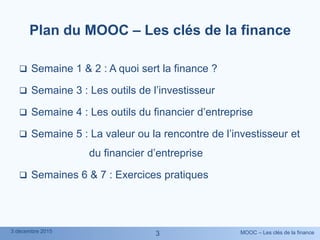 MOOC – Les clés de la finance3 décembre 2015
3
Plan du MOOC – Les clés de la finance
 Semaine 1 & 2 : A quoi sert la finance ?
 Semaine 3 : Les outils de l’investisseur
 Semaine 4 : Les outils du financier d’entreprise
 Semaine 5 : La valeur ou la rencontre de l’investisseur et
du financier d’entreprise
 Semaines 6 & 7 : Exercices pratiques
 