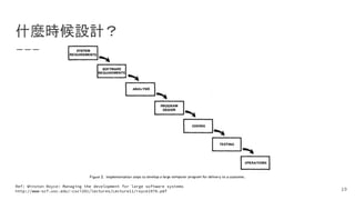 什麼時候設計？
19
Ref: Winston Royce: Managing the development for large software systems
http://www-scf.usc.edu/~csci201/lectures/Lecture11/royce1970.pdf
 
