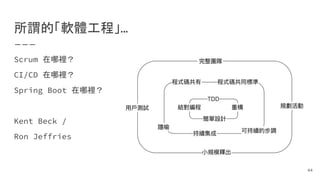 所謂的「軟體工程」…
Scrum 在哪裡？
CI/CD 在哪裡？
Spring Boot 在哪裡？
Kent Beck /
Ron Jeffries
44
 