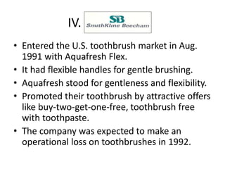 IV.
• Entered the U.S. toothbrush market in Aug.
1991 with Aquafresh Flex.
• It had flexible handles for gentle brushing.
• Aquafresh stood for gentleness and flexibility.
• Promoted their toothbrush by attractive offers
like buy-two-get-one-free, toothbrush free
with toothpaste.
• The company was expected to make an
operational loss on toothbrushes in 1992.
 