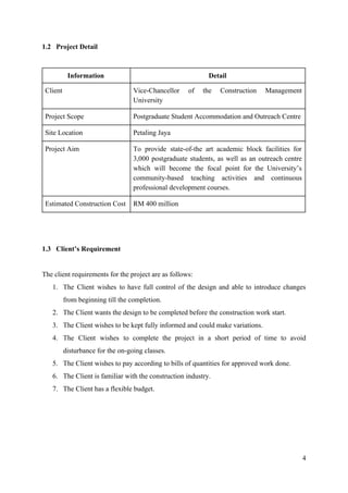 1.2 Project Detail
Information Detail
Client Vice-Chancellor of the Construction Management
University
Project Scope Postgraduate Student Accommodation and Outreach Centre
Site Location Petaling Jaya
Project Aim To provide state-of-the art academic block facilities for
3,000 postgraduate students, as well as an outreach centre
which will become the focal point for the University’s
community-based teaching activities and continuous
professional development courses.
Estimated Construction Cost RM 400 million
1.3 Client’s Requirement
The client requirements for the project are as follows:
1. The Client wishes to have full control of the design and able to introduce changes
from beginning till the completion.
2. The Client wants the design to be completed before the construction work start.
3. The Client wishes to be kept fully informed and could make variations.
4. The Client wishes to complete the project in a short period of time to avoid
disturbance for the on-going classes.
5. The Client wishes to pay according to bills of quantities for approved work done.
6. The Client is familiar with the construction industry.
7. The Client has a flexible budget.
4
 