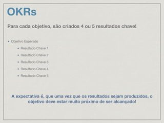 OKRs
Objetivo Esperado

Resultado Chave 1

Resultado Chave 2

Resultado Chave 3

Resultado Chave 4

Resultado Chave 5
Para cada objetivo, são criados 4 ou 5 resultados chave!
A expectativa é, que uma vez que os resultados sejam produzidos, o
objetivo deve estar muito próximo de ser alcançado!
 