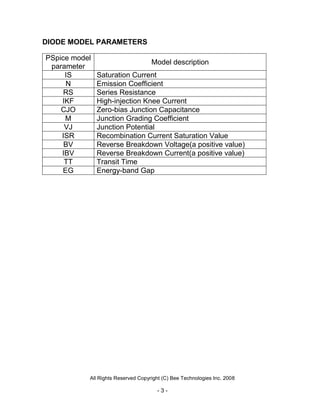 DIODE MODEL PARAMETERS

PSpice model
                                    Model description
 parameter
     IS        Saturation Current
     N         Emission Coefficient
     RS        Series Resistance
    IKF        High-injection Knee Current
    CJO        Zero-bias Junction Capacitance
     M         Junction Grading Coefficient
     VJ        Junction Potential
    ISR        Recombination Current Saturation Value
     BV        Reverse Breakdown Voltage(a positive value)
    IBV        Reverse Breakdown Current(a positive value)
     TT        Transit Time
    EG         Energy-band Gap




           All Rights Reserved Copyright (C) Bee Technologies Inc. 2008

                                      -3-
 