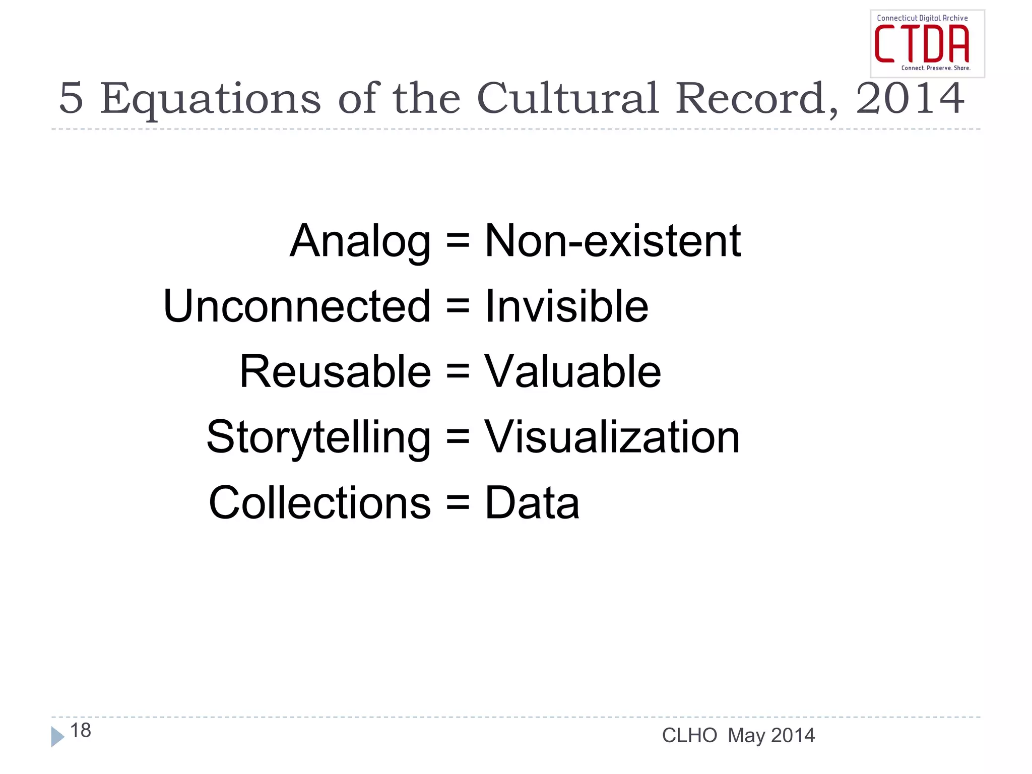 CLHO
5 Equations of the Cultural Record, 2014
Analog = Non-existent
Unconnected = Invisible
Reusable = Valuable
Storytelling = Visualization
Collections = Data
May 201418
 