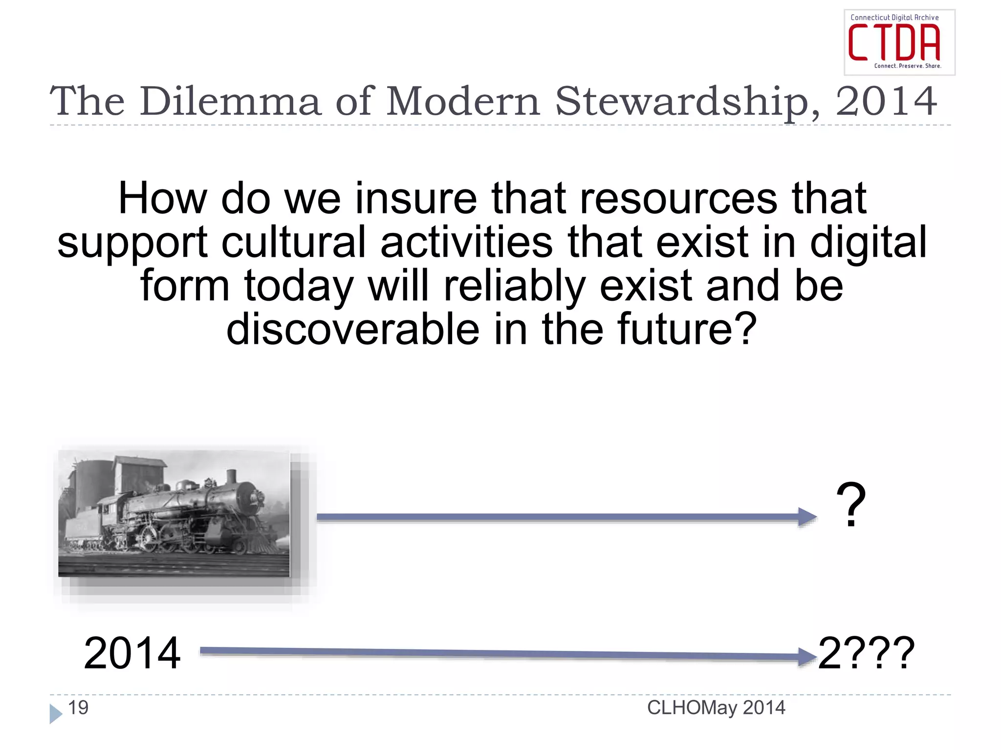 CLHO
The Dilemma of Modern Stewardship, 2014
How do we insure that resources that
support cultural activities that exist in digital
form today will reliably exist and be
discoverable in the future?
2014 2???
?
May 201419
 