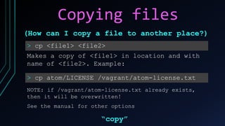 Copying files
> cp <file1> <file2>
Makes a copy of <file1> in location and with
name of <file2>. Example:
(How can I copy ...